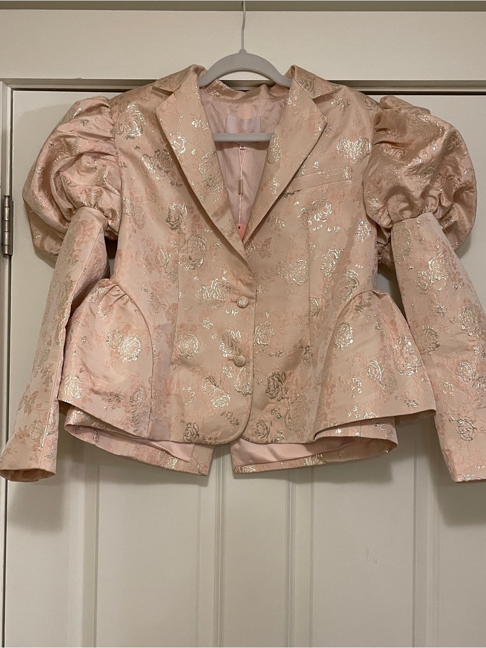 SOLD Selkie Pink Metallic Floral Brocade Puff Sleeve Blazer